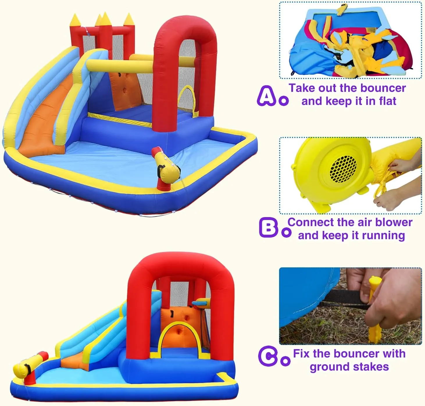 JOYLDIAS Inflatable Water Slide Bounce House,Slide Bouncer Castle Playhouse w/Splash Pool,Jump Area, Climbing Wall,Basketball Hoop,450W Air Blower for Kids Backyard Indoor Outdoor Use,Free Water Gun
