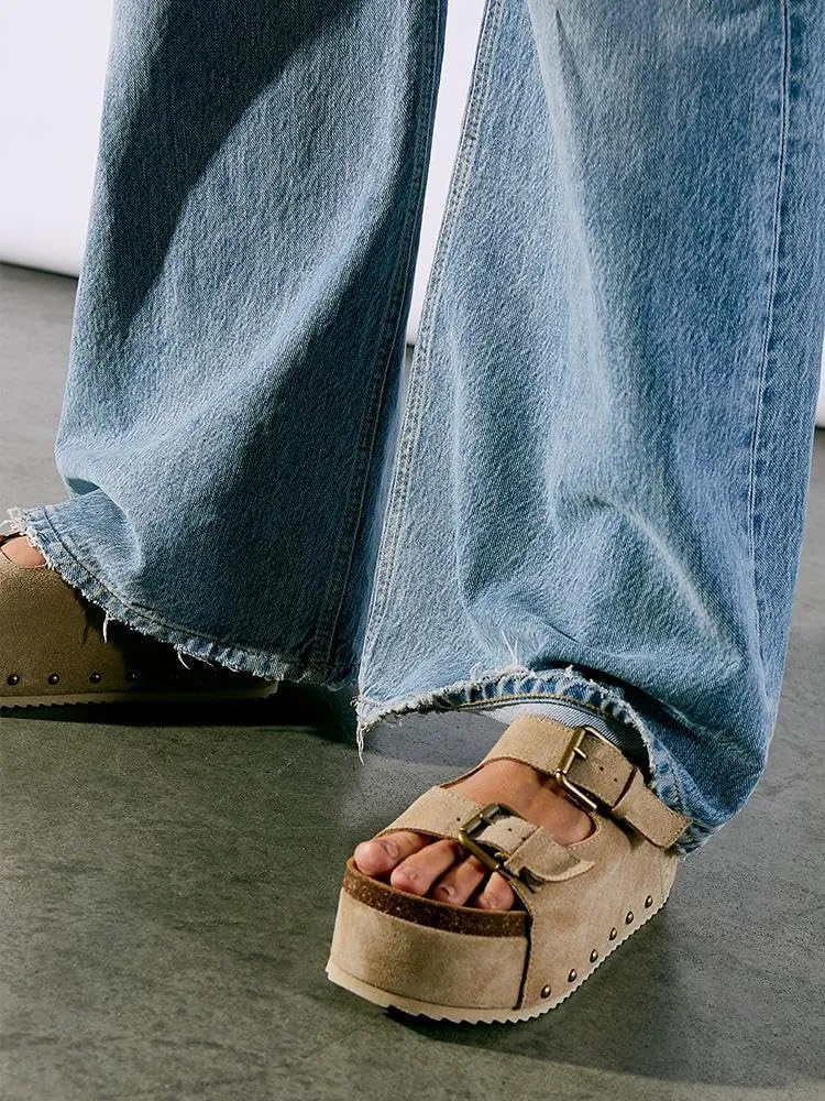 KaroNairy Studded Cork Platform Sandals For Women Slippers Clogs Platform Slip On Sandals Dual Buckled Suede/PU