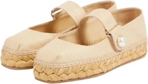 keleimusi Women's Mary Jane Metallic Espadrilles Flats with Pearl Buckle Strap Platform Espadrilles Woven Outsole Shoes Canvas Summer Flats