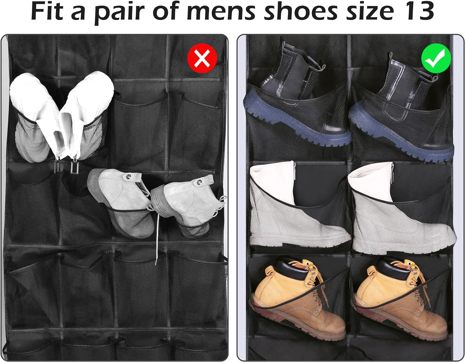 KIMBORA Boots Hanging Shoe Organizer for Closet 12 Extra Large Mesh Pockets Over The Door Shoe Rack for Men Shoes Size 16, Black