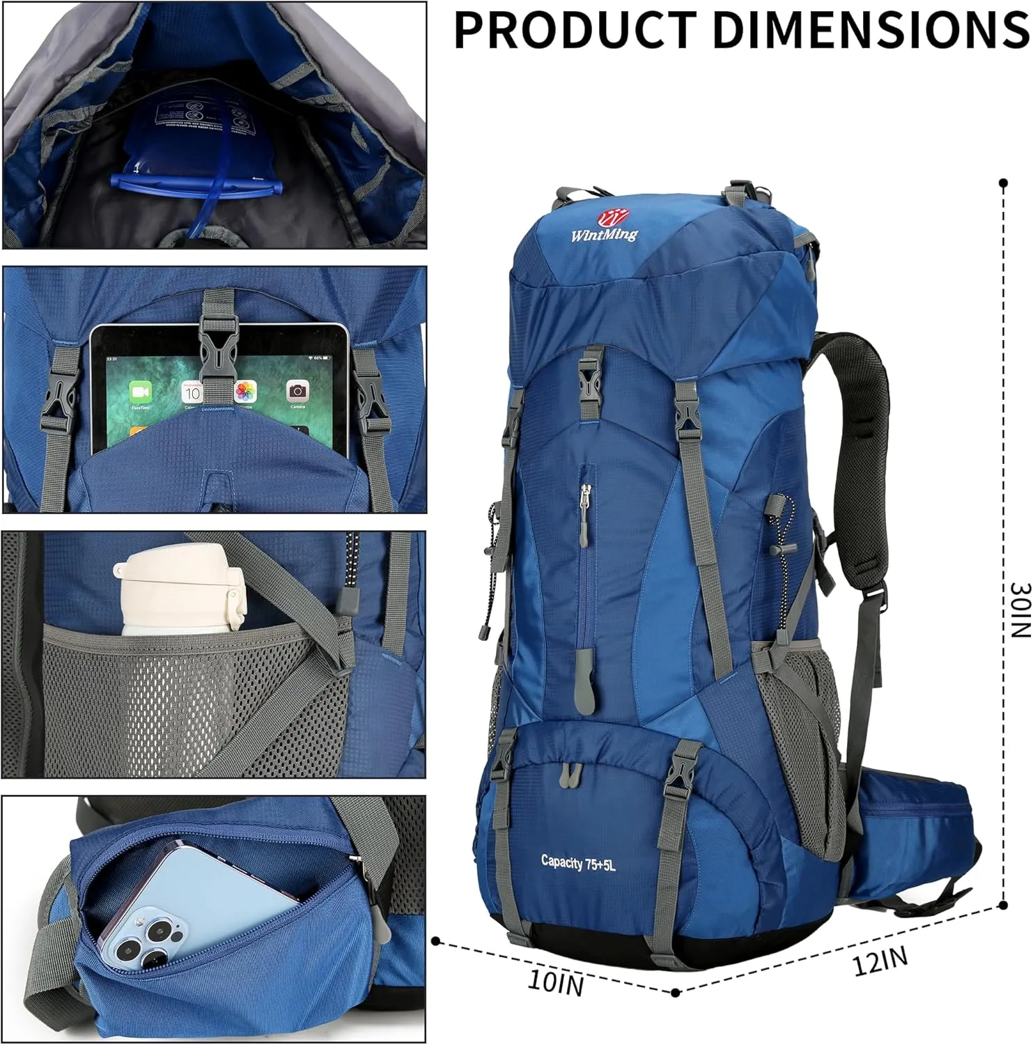 King'sGuard Hiking Backpack for Men and Women 70L 5L Waterproof Lightweight Camping Daypack with Rain Cover for Outdoor Travel Mountaineering - Frameless (Navy)