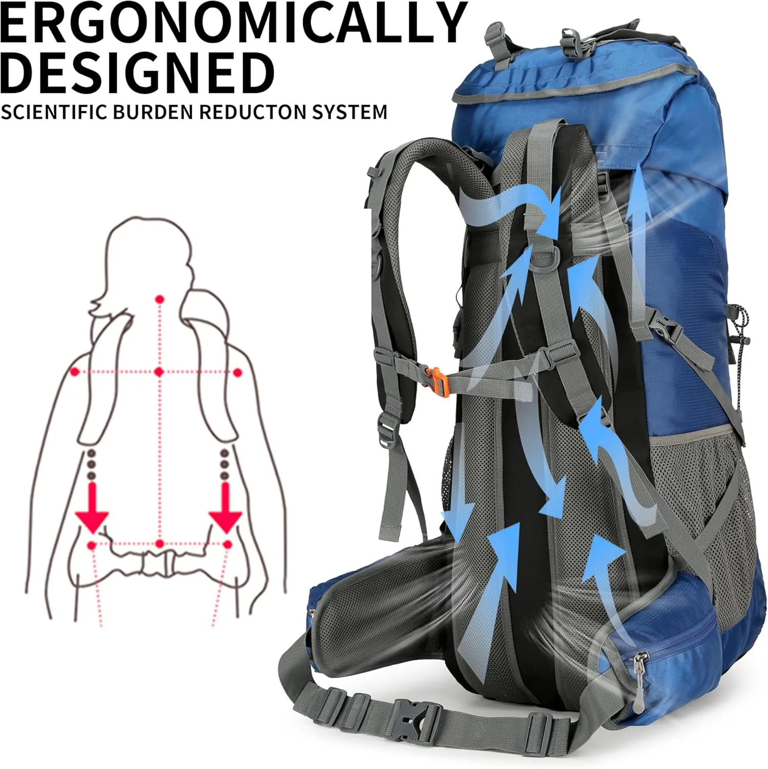 King'sGuard Hiking Backpack for Men and Women 70L 5L Waterproof Lightweight Camping Daypack with Rain Cover for Outdoor Travel Mountaineering - Frameless (Navy)
