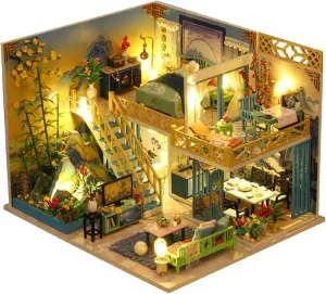 Kisoy Dollhouse Miniature with Furniture Kit, Handmade Chinese Style Loft DIY House Model for Teens Adult Gift (Blue& Green Landscape)