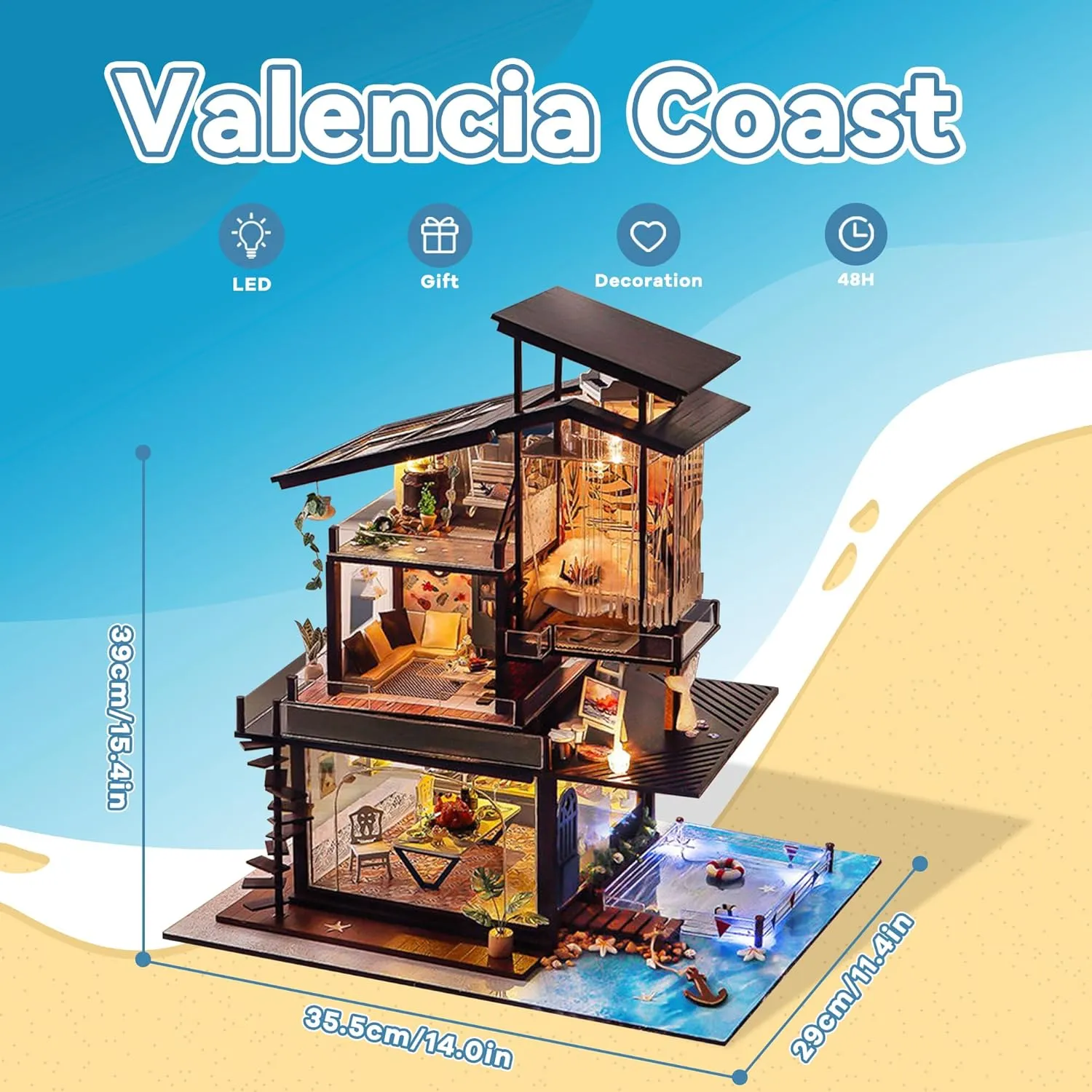 Kisoy Miniature DIY Dollhouse Kit with Furniture Accessories Creative Gift for Lovers and Friends (Valencia Coast) with Dust Proof Cover and Music Movement
