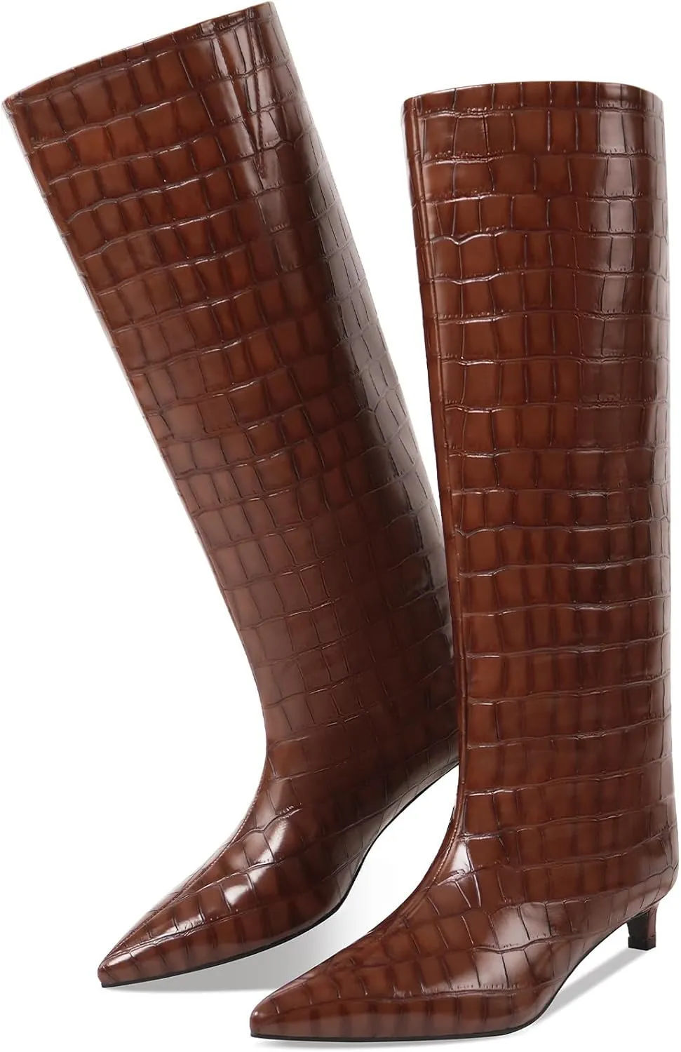 Kitten Heel Knee High Boots for Women, 1.5-in Stiletto Low Heel Long Boots Women Knee High, Womens Pull on Pointed Toe Tall Boots, Below the Knee Boots Faux Leather