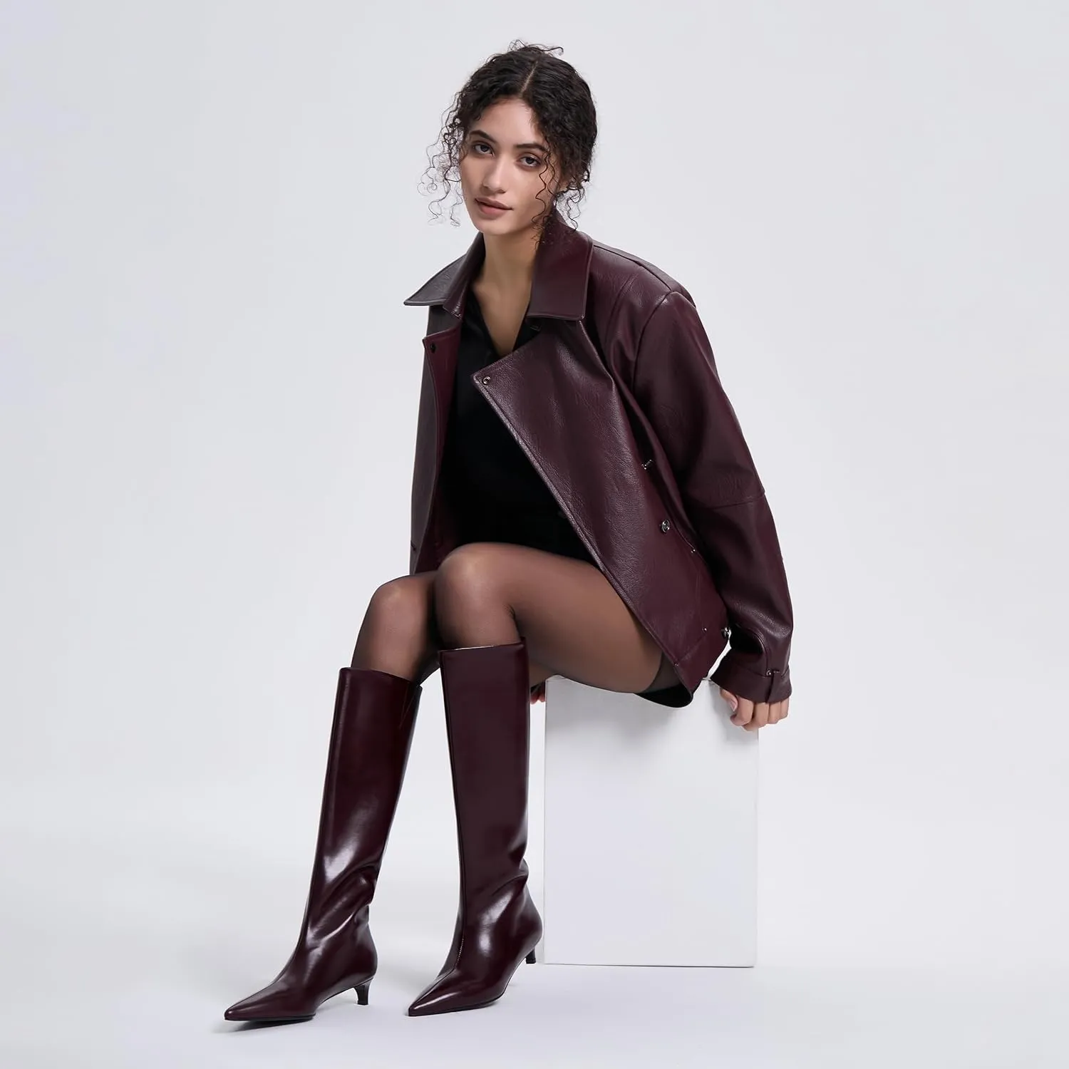 Kitten Heel Knee High Boots for Women, 1.5-in Stiletto Low Heel Long Boots Women Knee High, Womens Pull on Pointed Toe Tall Boots, Below the Knee Boots Faux Leather