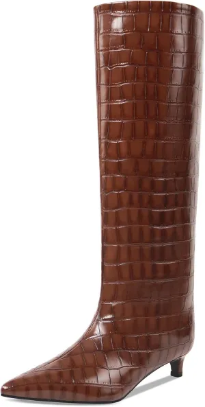 Kitten Heel Knee High Boots for Women, 1.5-in Stiletto Low Heel Long Boots Women Knee High, Womens Pull on Pointed Toe Tall Boots, Below the Knee Boots Faux Leather