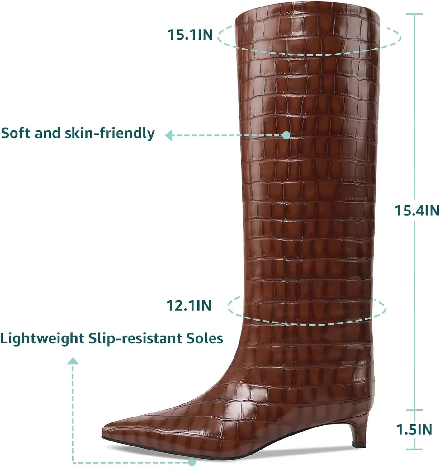 Kitten Heel Knee High Boots for Women, 1.5-in Stiletto Low Heel Long Boots Women Knee High, Womens Pull on Pointed Toe Tall Boots, Below the Knee Boots Faux Leather