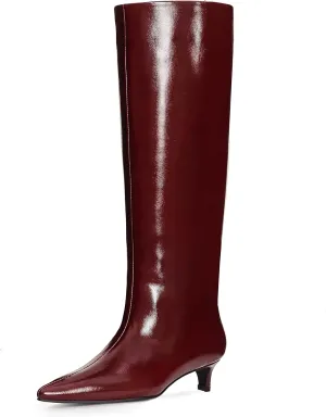 Kitten Heel Knee High Boots for Women, 1.5-in Stiletto Low Heel Long Boots Women Knee High, Womens Pull on Pointed Toe Tall Boots, Below the Knee Boots Faux Leather
