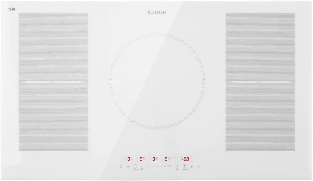 Klarstein Delicatessa 90 Flex Induction Hob, Flex Zone Technology, Self-Sufficient, Built-in Hob, 90 cm, 5 Zones, 7000 Watt, Booster, Pan Detection, Timer, Glass Ceramic, White