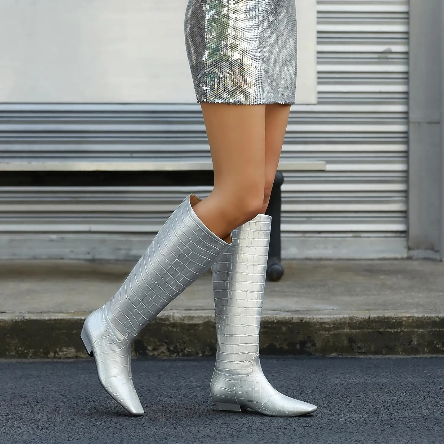 Knee High Boots for Women, Low Kitten Heel, Pull-on Block Heel, Square Toe, Flat Tall Riding Boots, Gogo Boots, Faux Leather