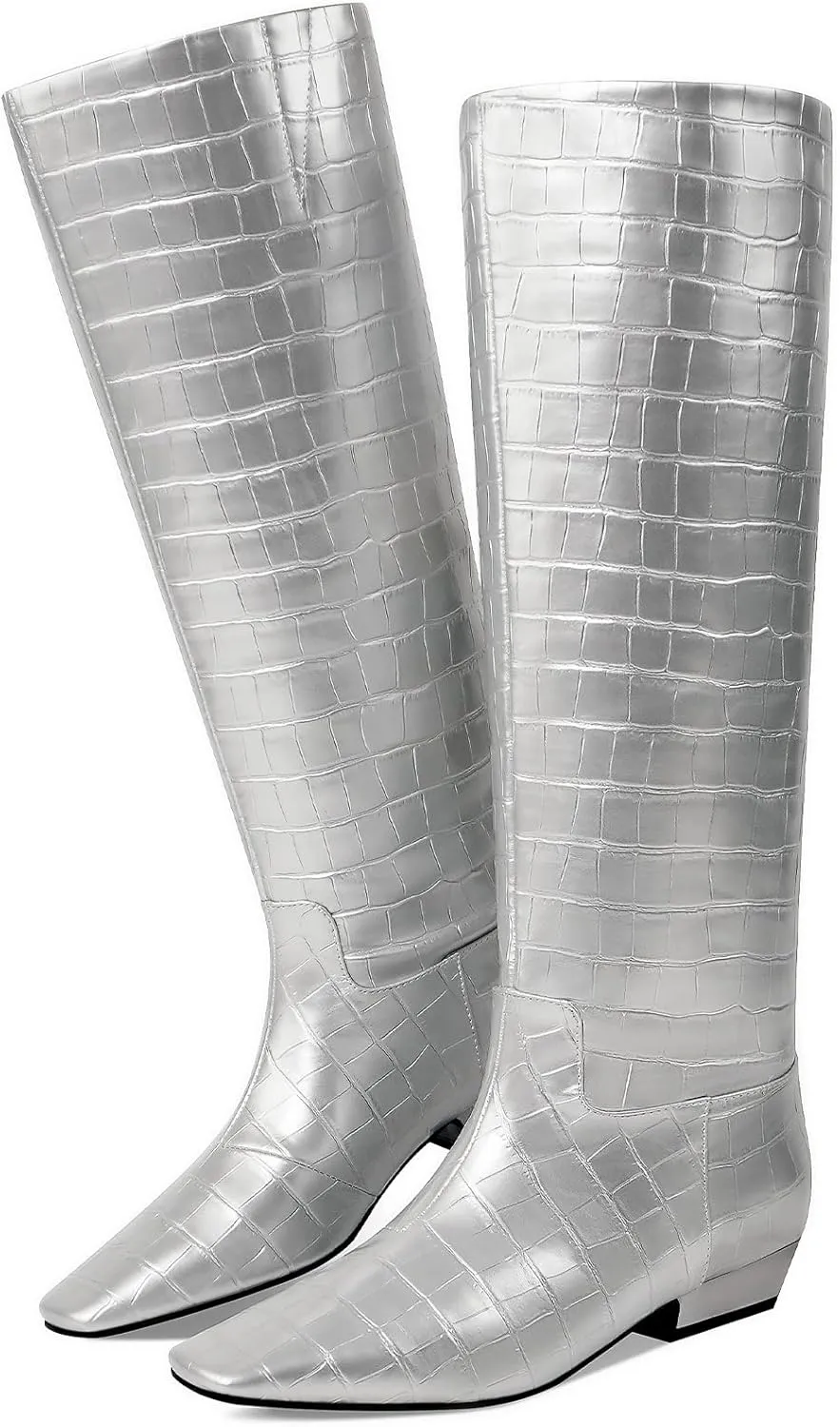 Knee High Boots for Women, Low Kitten Heel, Pull-on Block Heel, Square Toe, Flat Tall Riding Boots, Gogo Boots, Faux Leather