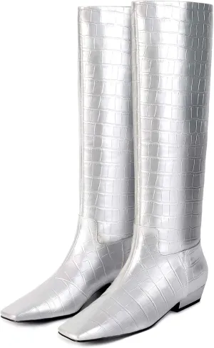 Knee High Boots for Women, Low Kitten Heel, Pull-on Block Heel, Square Toe, Flat Tall Riding Boots, Gogo Boots, Faux Leather