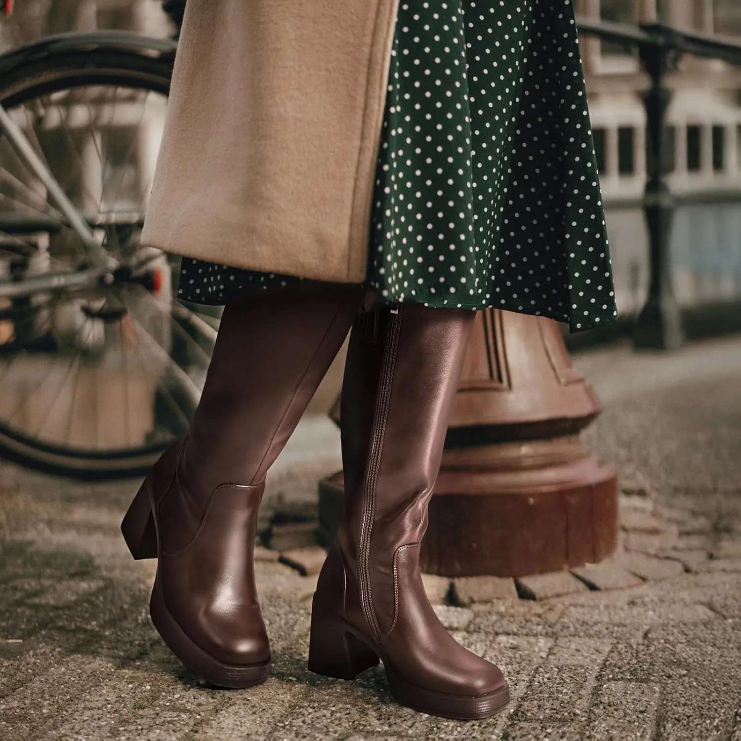 Knee High Boots for Women - Platform Tall Wide Calf Boots Square Toe Chunky Block Heeled Leather Gogo Boots with Side Zipper