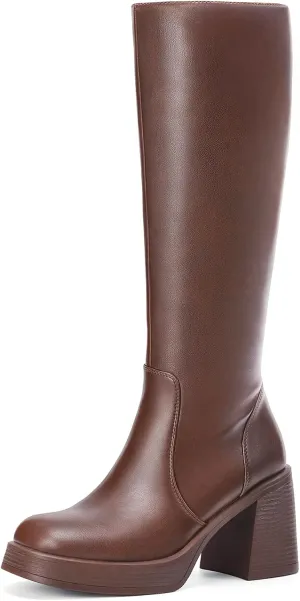 Knee High Boots for Women - Platform Tall Wide Calf Boots Square Toe Chunky Block Heeled Leather Gogo Boots with Side Zipper