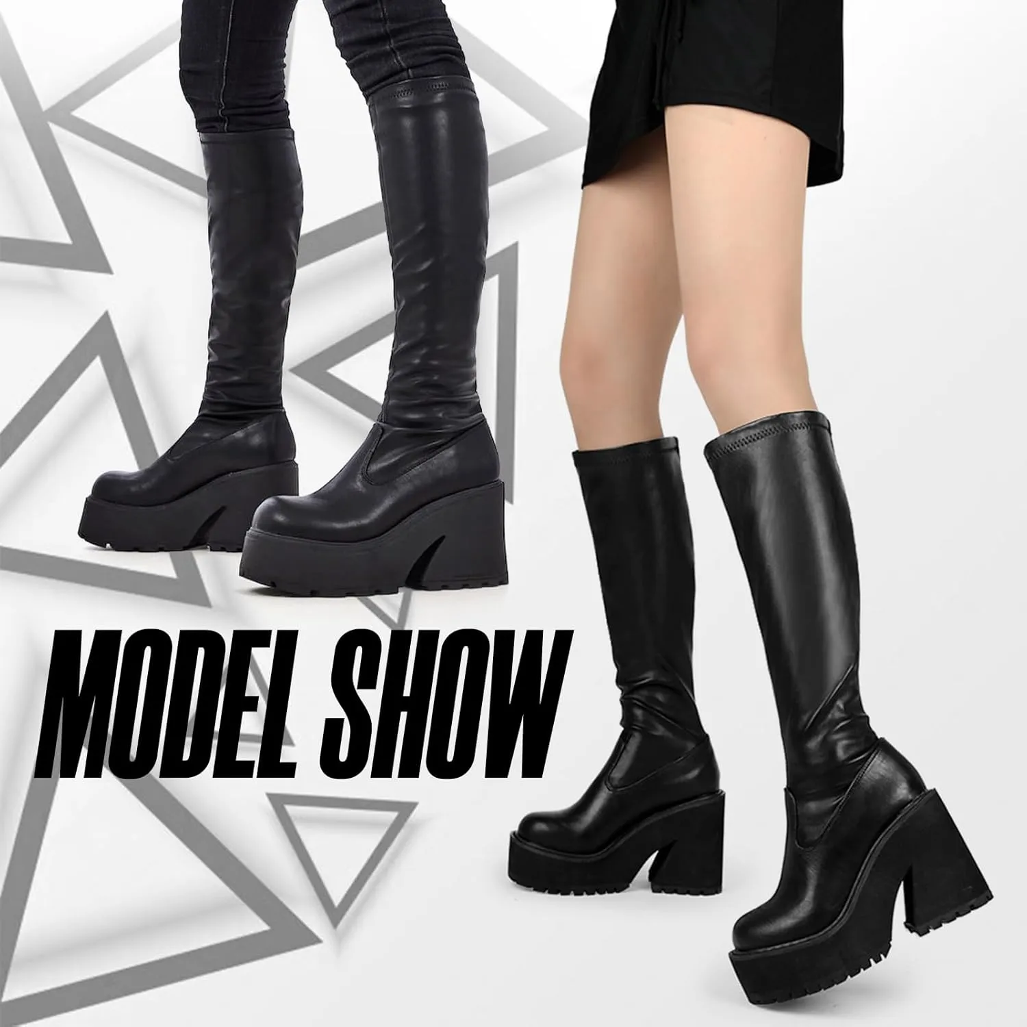 Knee High Boots Women Black Boots For Women Platform Chunky Heel Elastic Combat Boots Women Round Toe Fashion Motorcycle Punk Goth Boots