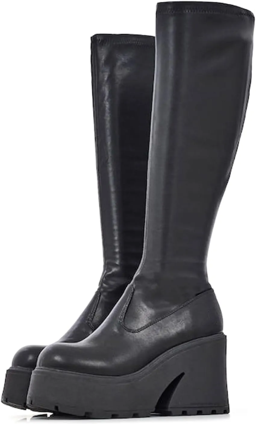 Knee High Boots Women Black Boots For Women Platform Chunky Heel Elastic Combat Boots Women Round Toe Fashion Motorcycle Punk Goth Boots