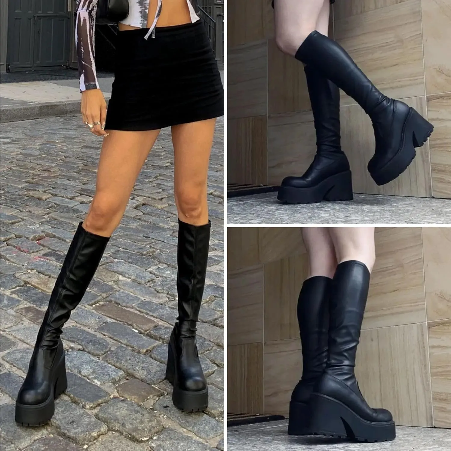 Knee High Boots Women Black Boots For Women Platform Chunky Heel Elastic Combat Boots Women Round Toe Fashion Motorcycle Punk Goth Boots