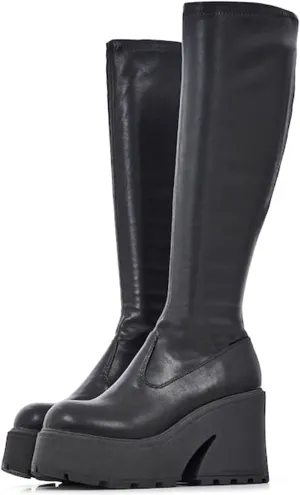 Knee High Boots Women Black Boots For Women Platform Chunky Heel Elastic Combat Boots Women Round Toe Fashion Motorcycle Punk Goth Boots