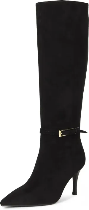 Knee High Boots Women Stiletto High Heel 3.3in, Side Zipper Pointed Toe Metal Buckle Tall Boots Dress Boots for Women, Comfortable Faux Leather Below the Knee Long Boots