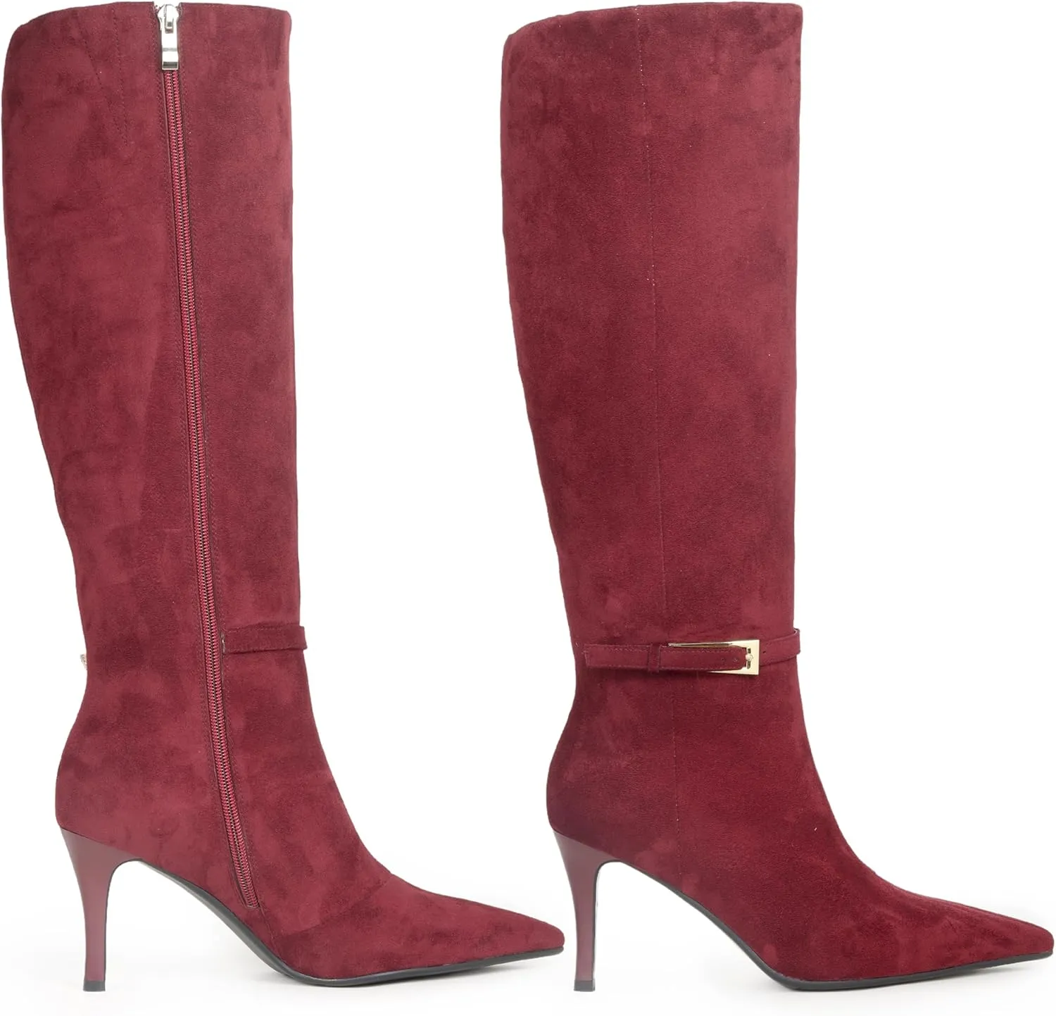 Knee High Boots Women Stiletto High Heel 3.3in, Side Zipper Pointed Toe Metal Buckle Tall Boots Dress Boots for Women, Comfortable Faux Leather Below the Knee Long Boots
