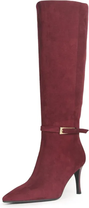 Knee High Boots Women Stiletto High Heel 3.3in, Side Zipper Pointed Toe Metal Buckle Tall Boots Dress Boots for Women, Comfortable Faux Leather Below the Knee Long Boots