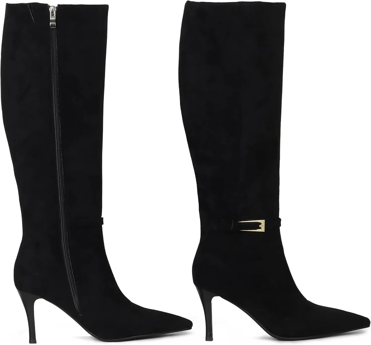 Knee High Boots Women Stiletto High Heel 3.3in, Side Zipper Pointed Toe Metal Buckle Tall Boots Dress Boots for Women, Comfortable Faux Leather Below the Knee Long Boots