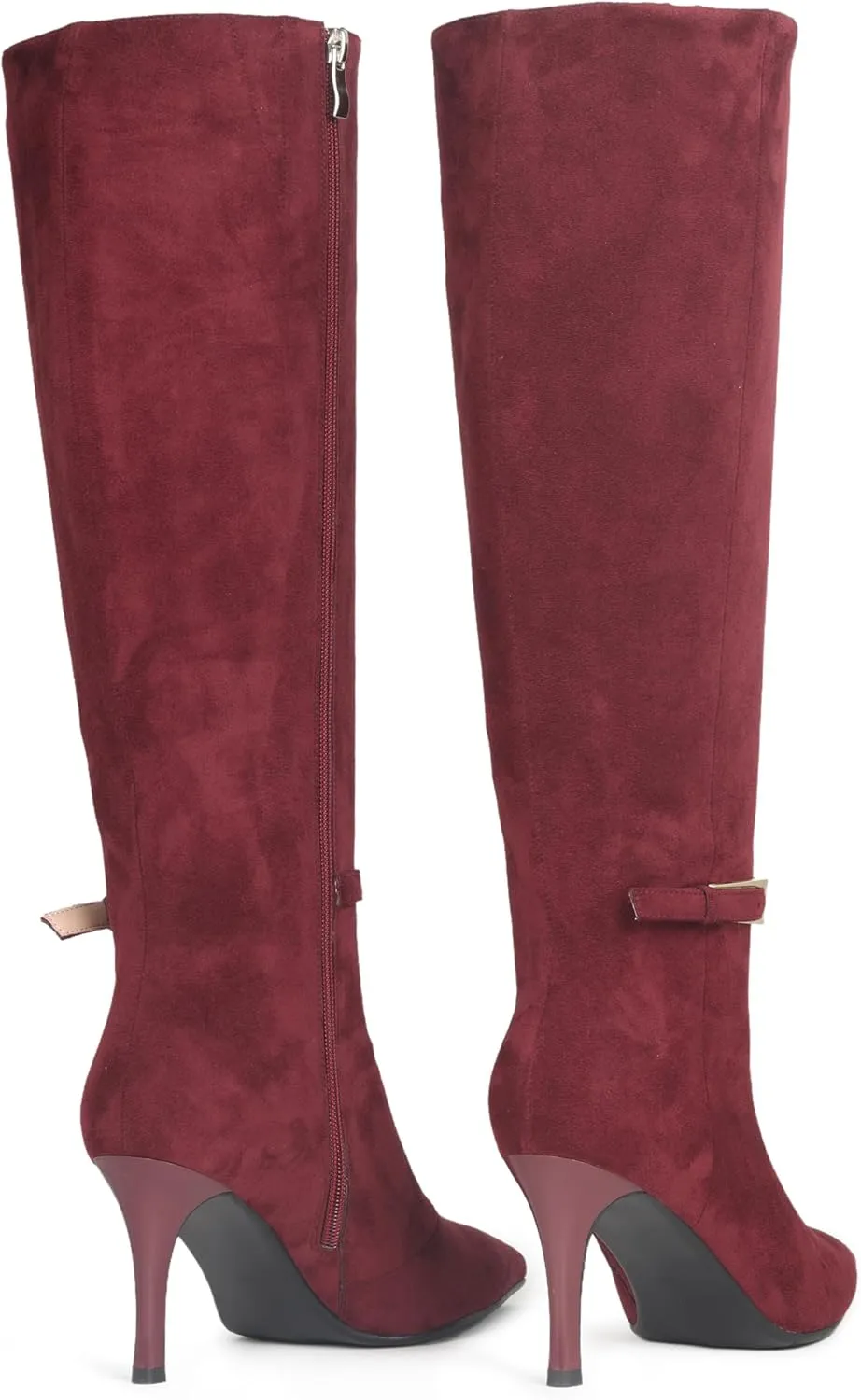 Knee High Boots Women Stiletto High Heel 3.3in, Side Zipper Pointed Toe Metal Buckle Tall Boots Dress Boots for Women, Comfortable Faux Leather Below the Knee Long Boots