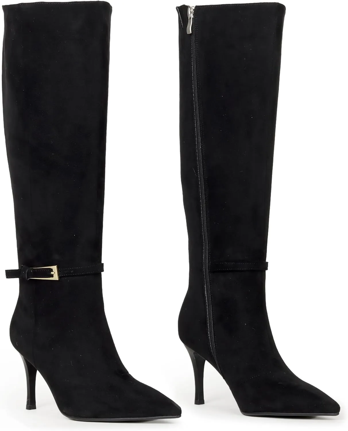 Knee High Boots Women Stiletto High Heel 3.3in, Side Zipper Pointed Toe Metal Buckle Tall Boots Dress Boots for Women, Comfortable Faux Leather Below the Knee Long Boots