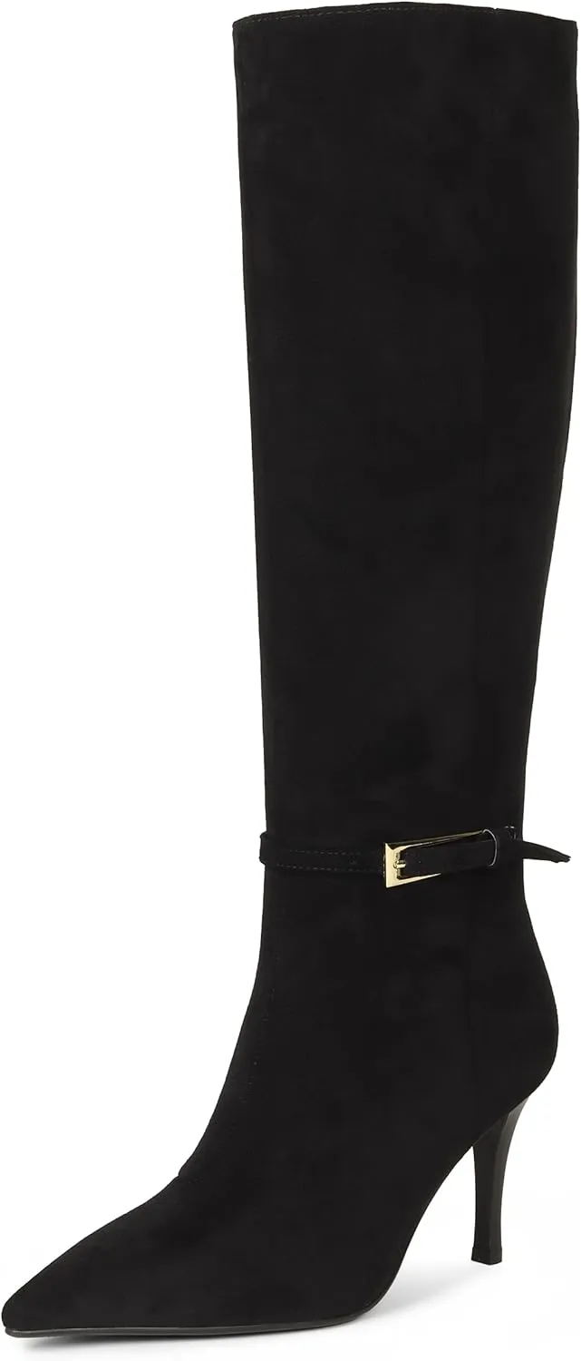Knee High Boots Women Stiletto High Heel 3.3in, Side Zipper Pointed Toe Metal Buckle Tall Boots Dress Boots for Women, Comfortable Faux Leather Below the Knee Long Boots