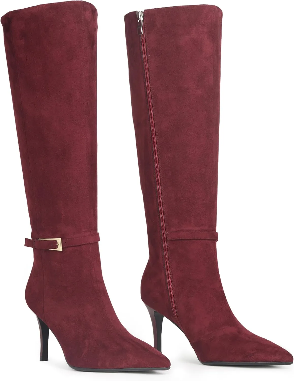 Knee High Boots Women Stiletto High Heel 3.3in, Side Zipper Pointed Toe Metal Buckle Tall Boots Dress Boots for Women, Comfortable Faux Leather Below the Knee Long Boots