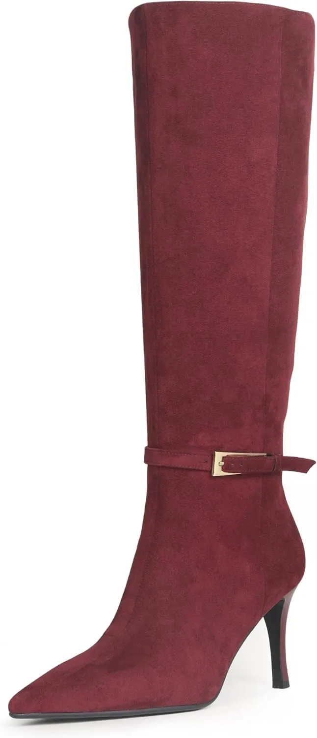 Knee High Boots Women Stiletto High Heel 3.3in, Side Zipper Pointed Toe Metal Buckle Tall Boots Dress Boots for Women, Comfortable Faux Leather Below the Knee Long Boots