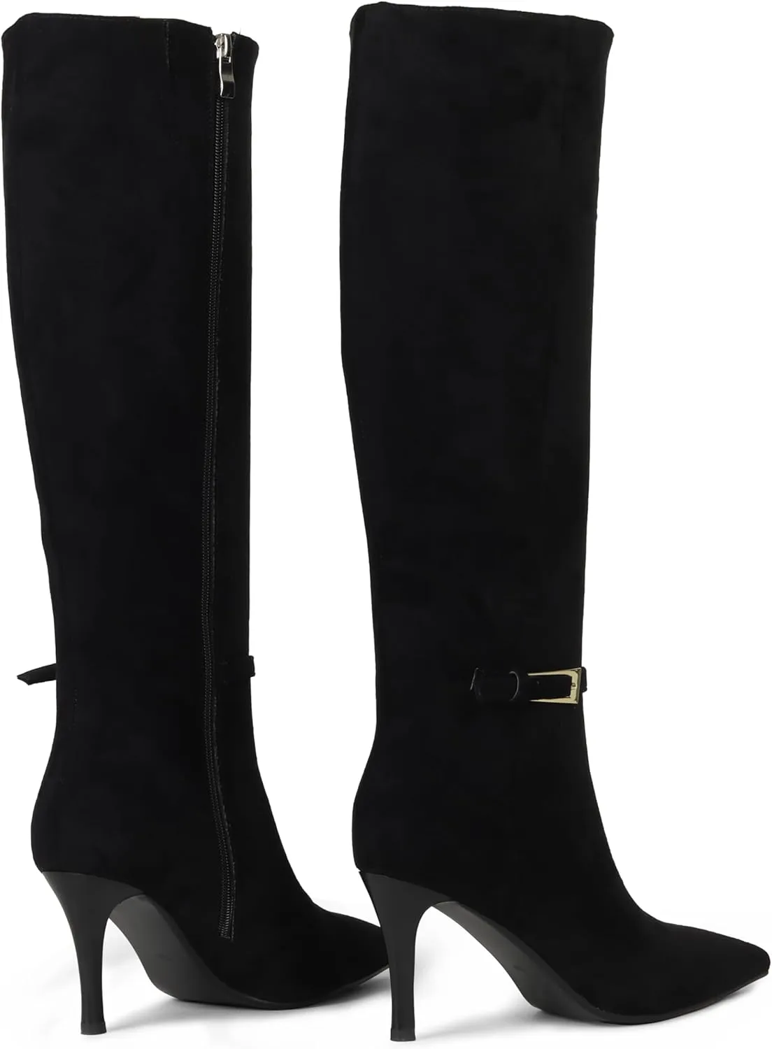 Knee High Boots Women Stiletto High Heel 3.3in, Side Zipper Pointed Toe Metal Buckle Tall Boots Dress Boots for Women, Comfortable Faux Leather Below the Knee Long Boots