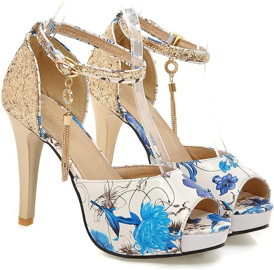 KOKOMOMO Womens Glitter Floral Print High Heel Pumps Peep Toe Platform Sandals