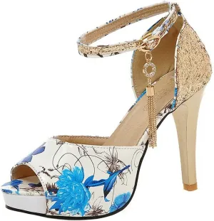 KOKOMOMO Womens Glitter Floral Print High Heel Pumps Peep Toe Platform Sandals