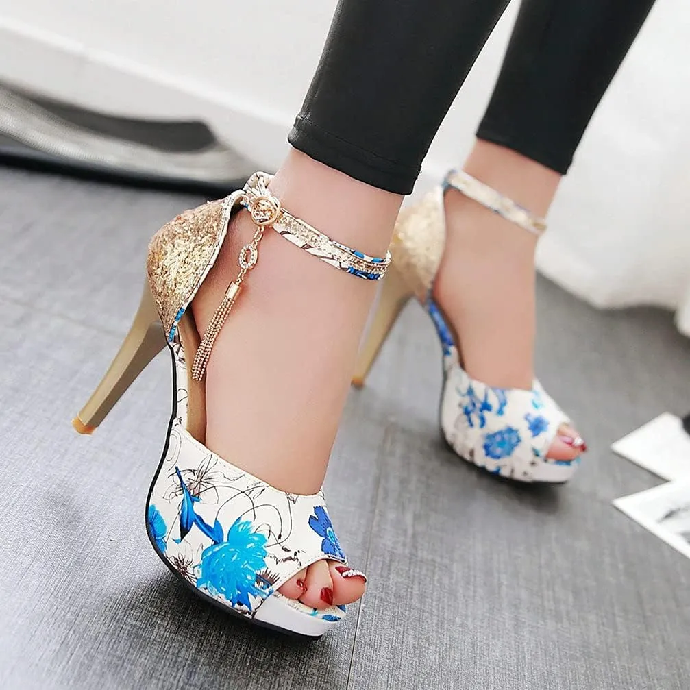 KOKOMOMO Womens Glitter Floral Print High Heel Pumps Peep Toe Platform Sandals