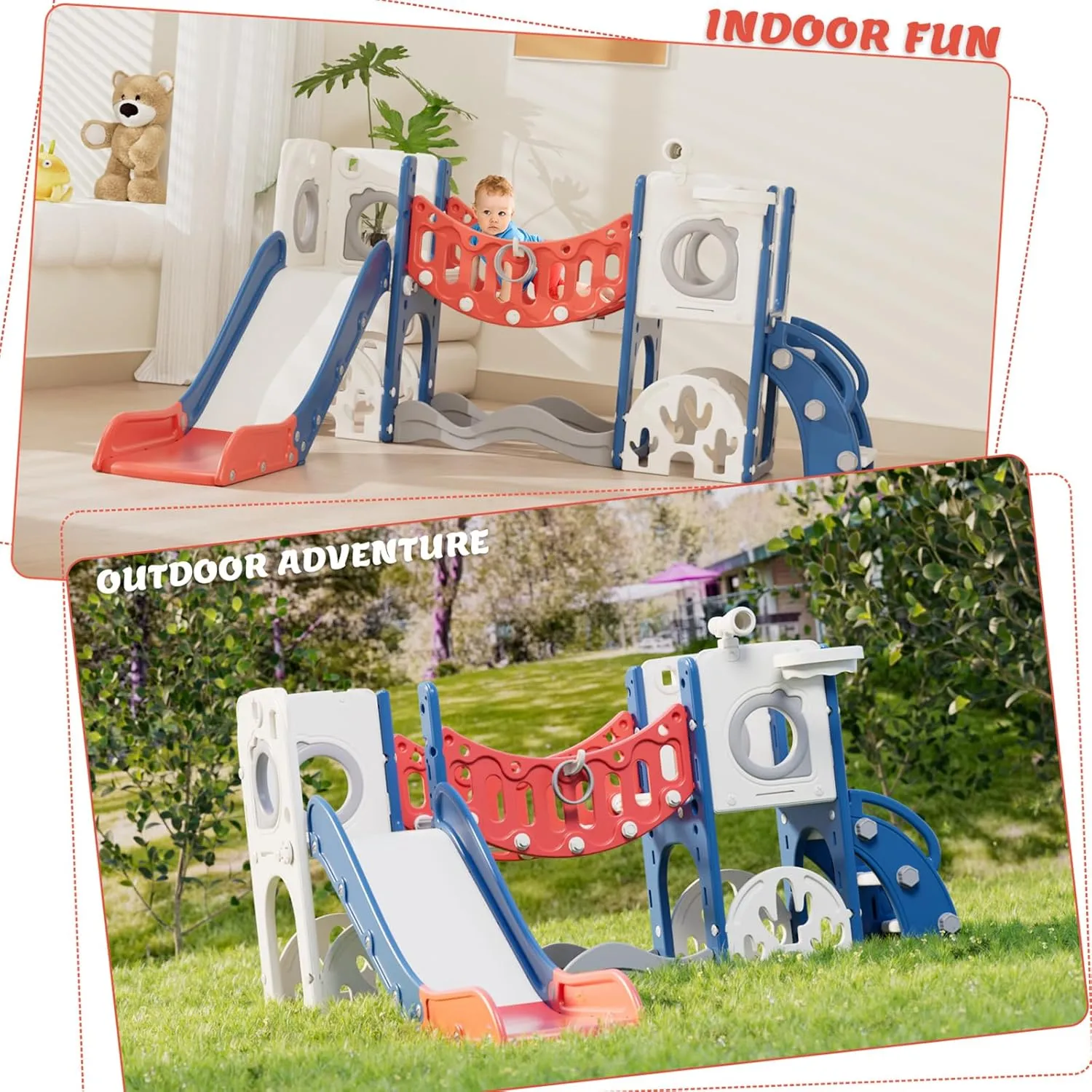KORIMEFA 10 in 1 Toddler Slide Set, Kids Slide for Toddlers, Outdoor Indoor Playground for Toddlers 1-3, Toddler PlaySet with Basketball Hoop and Ball Golf Set, Climbing Arch(Red & Blue)
