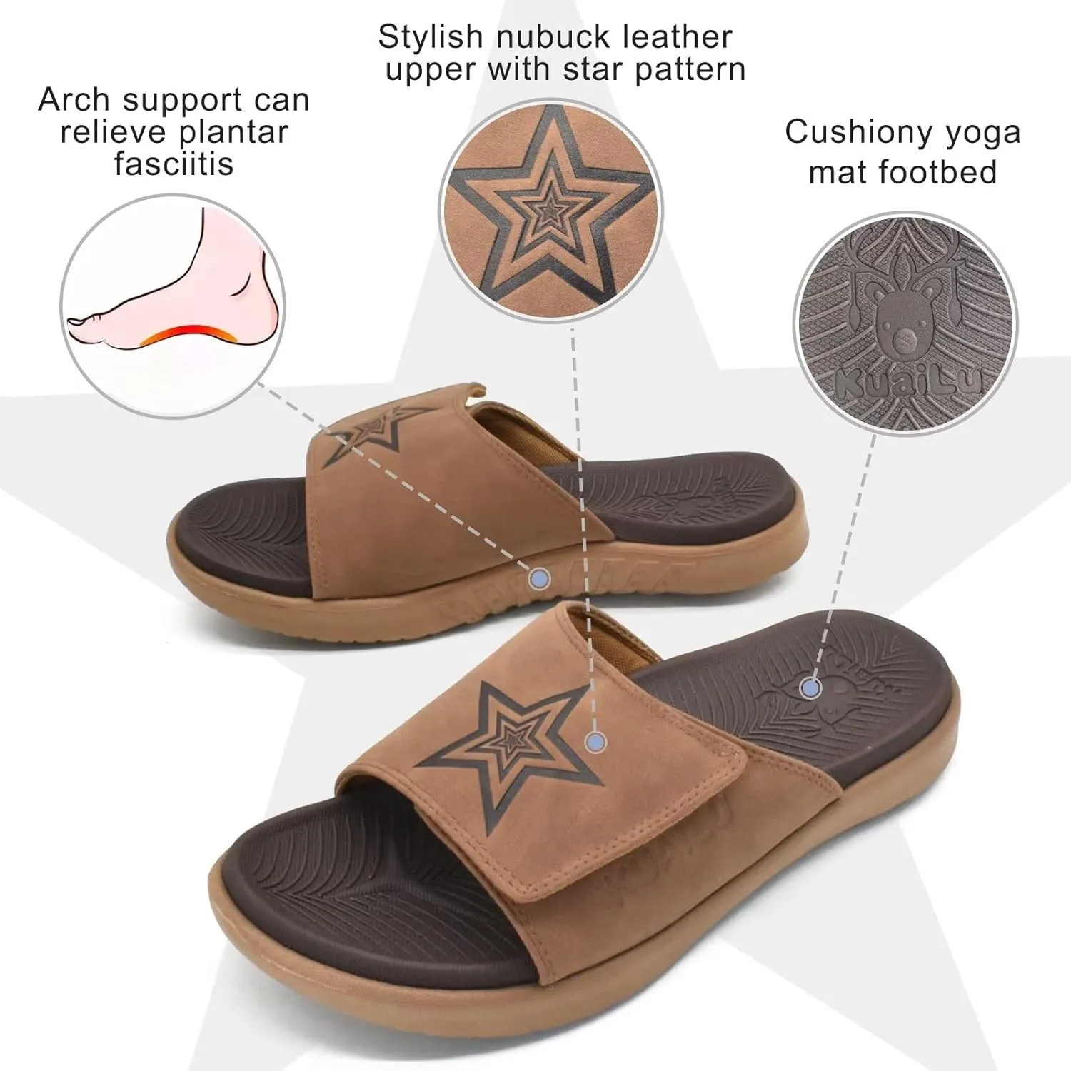 KuaiLu Mens Slides Soft Cushion Sport Sandals with Plantar Fasciitis Arch Support Adjustable Open Toe Summer Slippers Slip on Indoor Outdoor Size 7-15