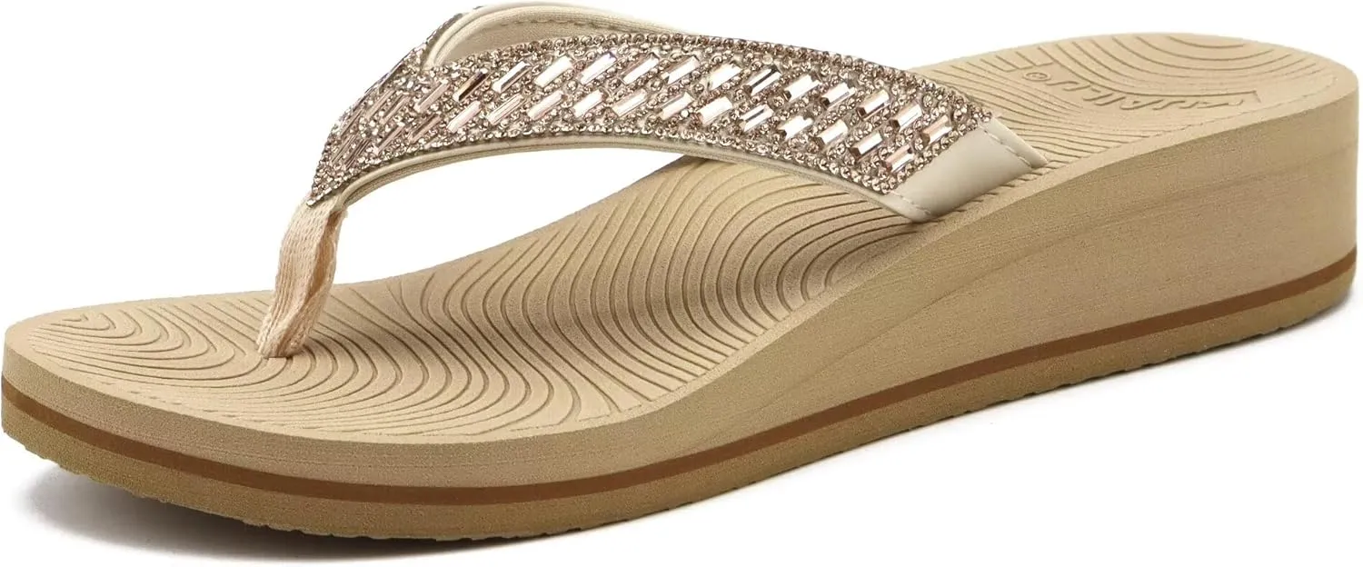KuaiLu Womens Dressy Rhinestone Platform Flip Flops Trendy Comfortable Arch Support Cushion Walking Thong Sandals Yoga Foam Low Wedge Slippers Summer Pool Beach