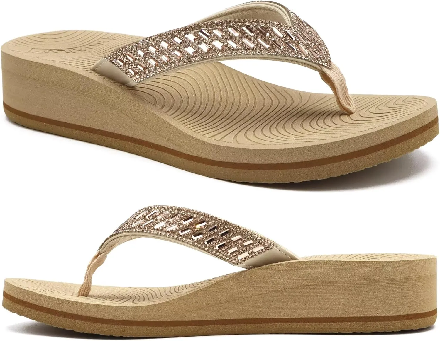 KuaiLu Womens Dressy Rhinestone Platform Flip Flops Trendy Comfortable Arch Support Cushion Walking Thong Sandals Yoga Foam Low Wedge Slippers Summer Pool Beach