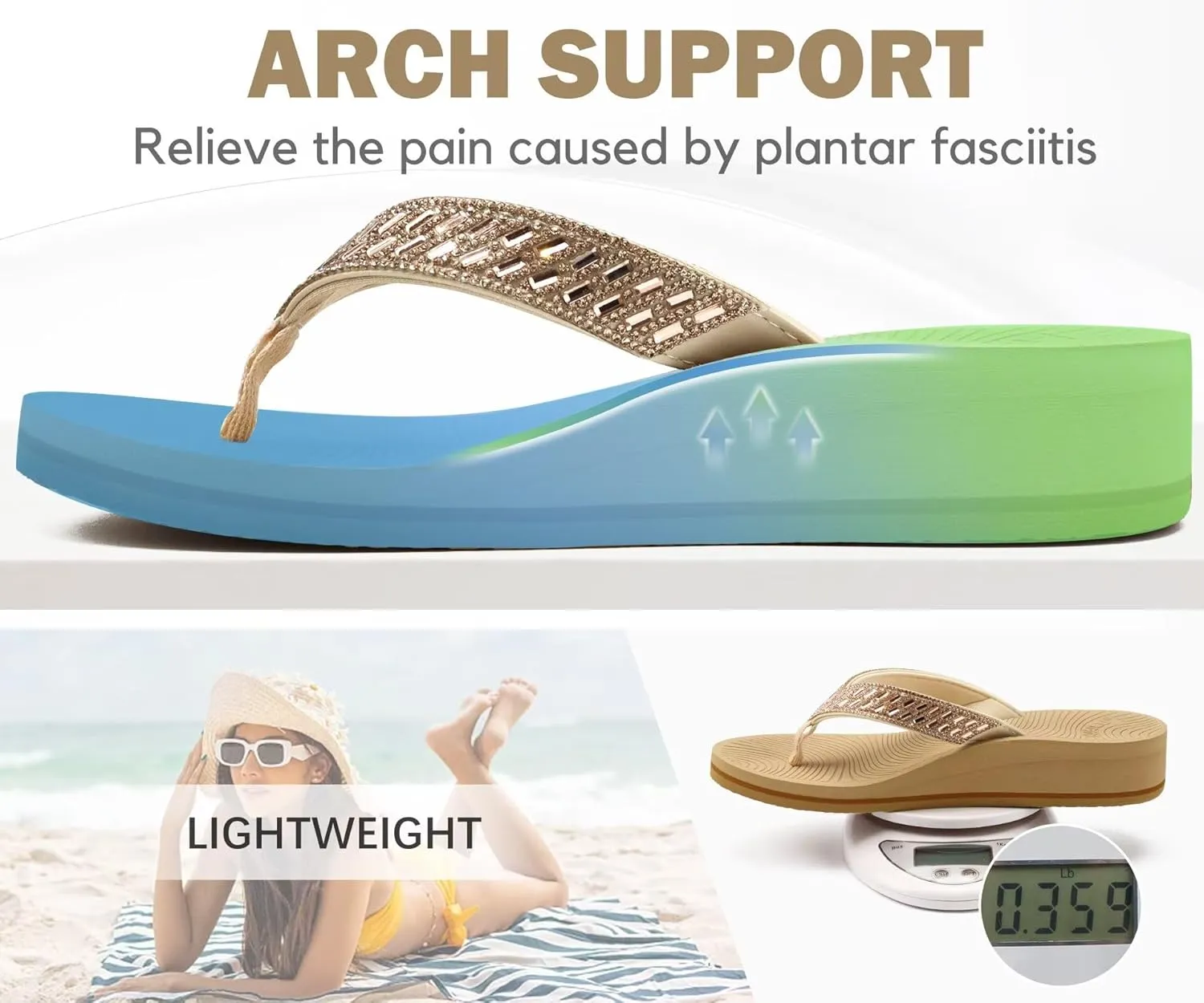 KuaiLu Womens Dressy Rhinestone Platform Flip Flops Trendy Comfortable Arch Support Cushion Walking Thong Sandals Yoga Foam Low Wedge Slippers Summer Pool Beach
