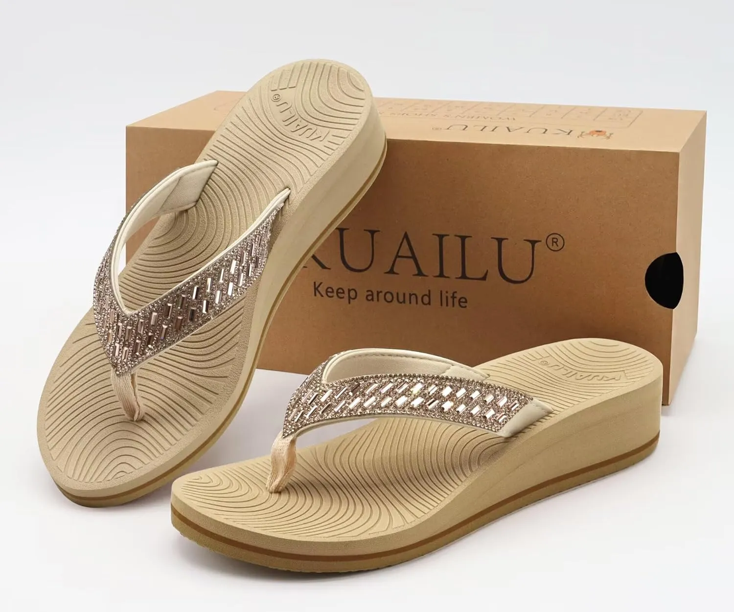 KuaiLu Womens Dressy Rhinestone Platform Flip Flops Trendy Comfortable Arch Support Cushion Walking Thong Sandals Yoga Foam Low Wedge Slippers Summer Pool Beach