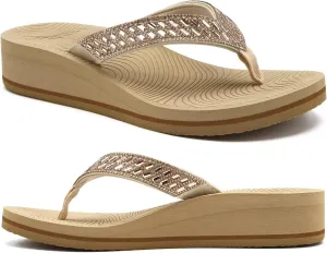 KuaiLu Womens Dressy Rhinestone Platform Flip Flops Trendy Comfortable Arch Support Cushion Walking Thong Sandals Yoga Foam Low Wedge Slippers Summer Pool Beach