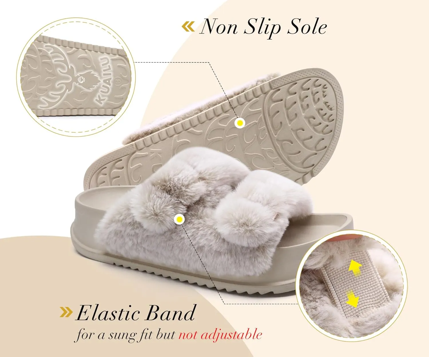 KuaiLu Women's Fluff Slippers Plantar Fasciitis Arch Support Platform Slippers Ladies Fashion Open Toe Faux Fur Sliders Womens House Slipper Size 6-12