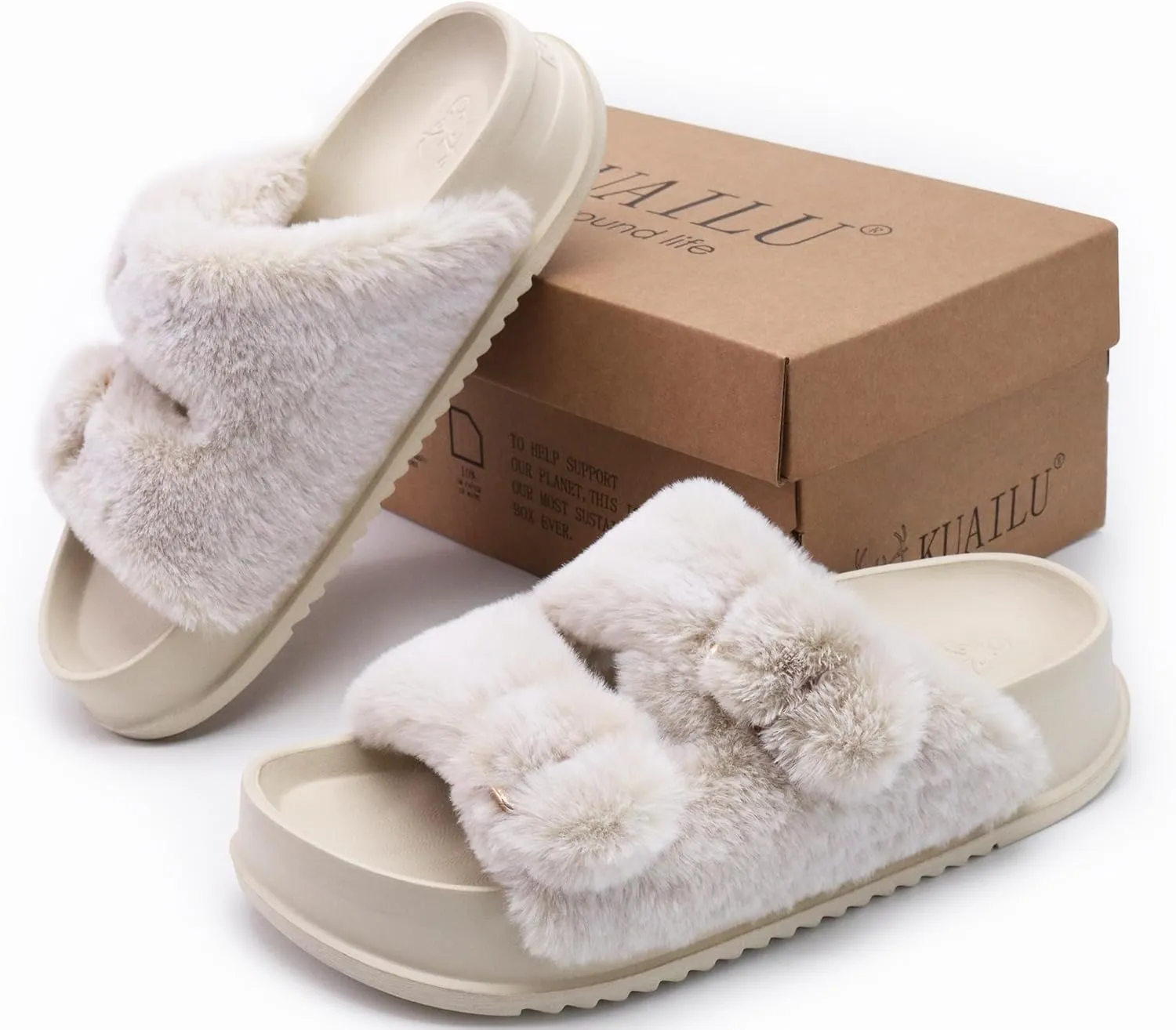 KuaiLu Women's Fluff Slippers Plantar Fasciitis Arch Support Platform Slippers Ladies Fashion Open Toe Faux Fur Sliders Womens House Slipper Size 6-12