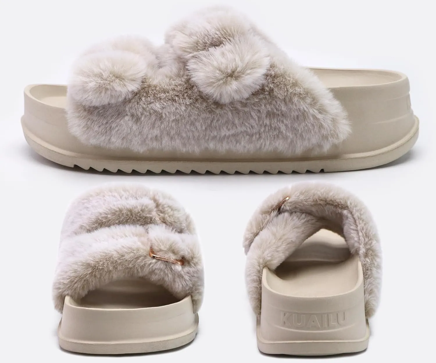 KuaiLu Women's Fluff Slippers Plantar Fasciitis Arch Support Platform Slippers Ladies Fashion Open Toe Faux Fur Sliders Womens House Slipper Size 6-12