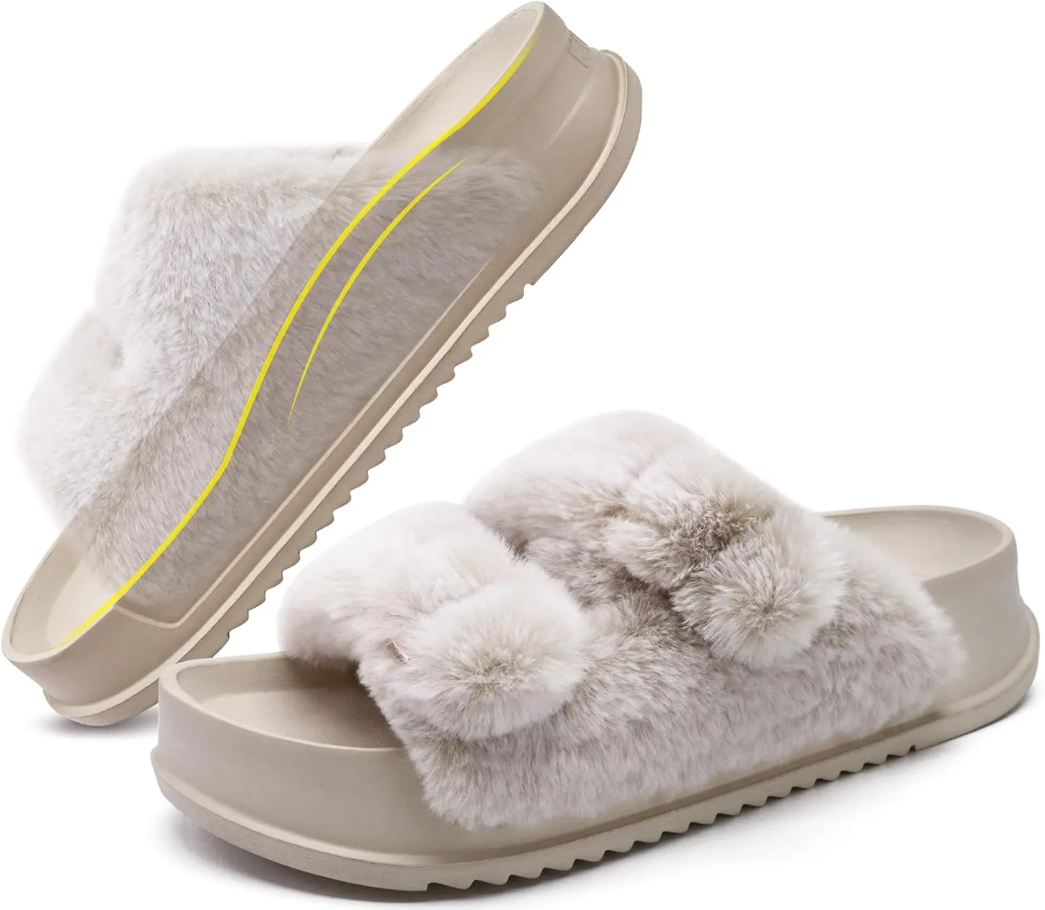 KuaiLu Women's Fluff Slippers Plantar Fasciitis Arch Support Platform Slippers Ladies Fashion Open Toe Faux Fur Sliders Womens House Slipper Size 6-12