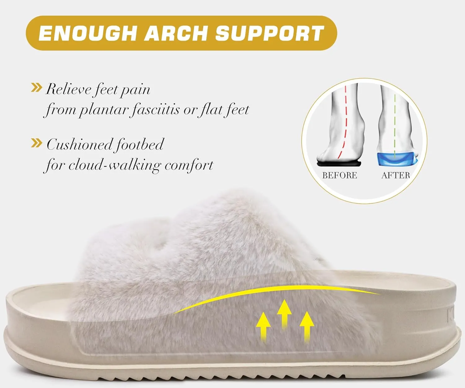 KuaiLu Women's Fluff Slippers Plantar Fasciitis Arch Support Platform Slippers Ladies Fashion Open Toe Faux Fur Sliders Womens House Slipper Size 6-12