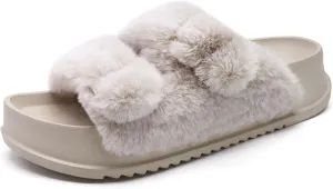 KuaiLu Women's Fluff Slippers Plantar Fasciitis Arch Support Platform Slippers Ladies Fashion Open Toe Faux Fur Sliders Womens House Slipper Size 6-12