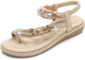 KUNWFNIX Womens Sandals Comfortable Summer Dressy Flat Sandals Bohemian Clip Toe Leather Upholstery T-Strap Flip Flop Thong Sandals